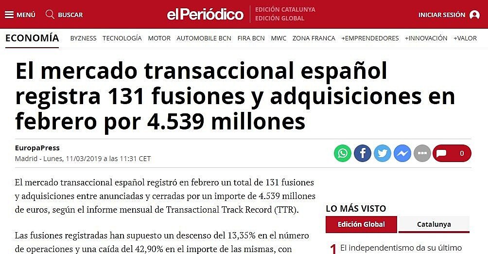 El mercado transaccional espaol registra 131 fusiones y adquisiciones en febrero por 4.539 millones